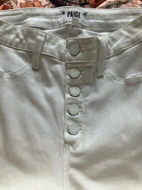 PAIGE White Button-Fly Denim raw hem flare jeans